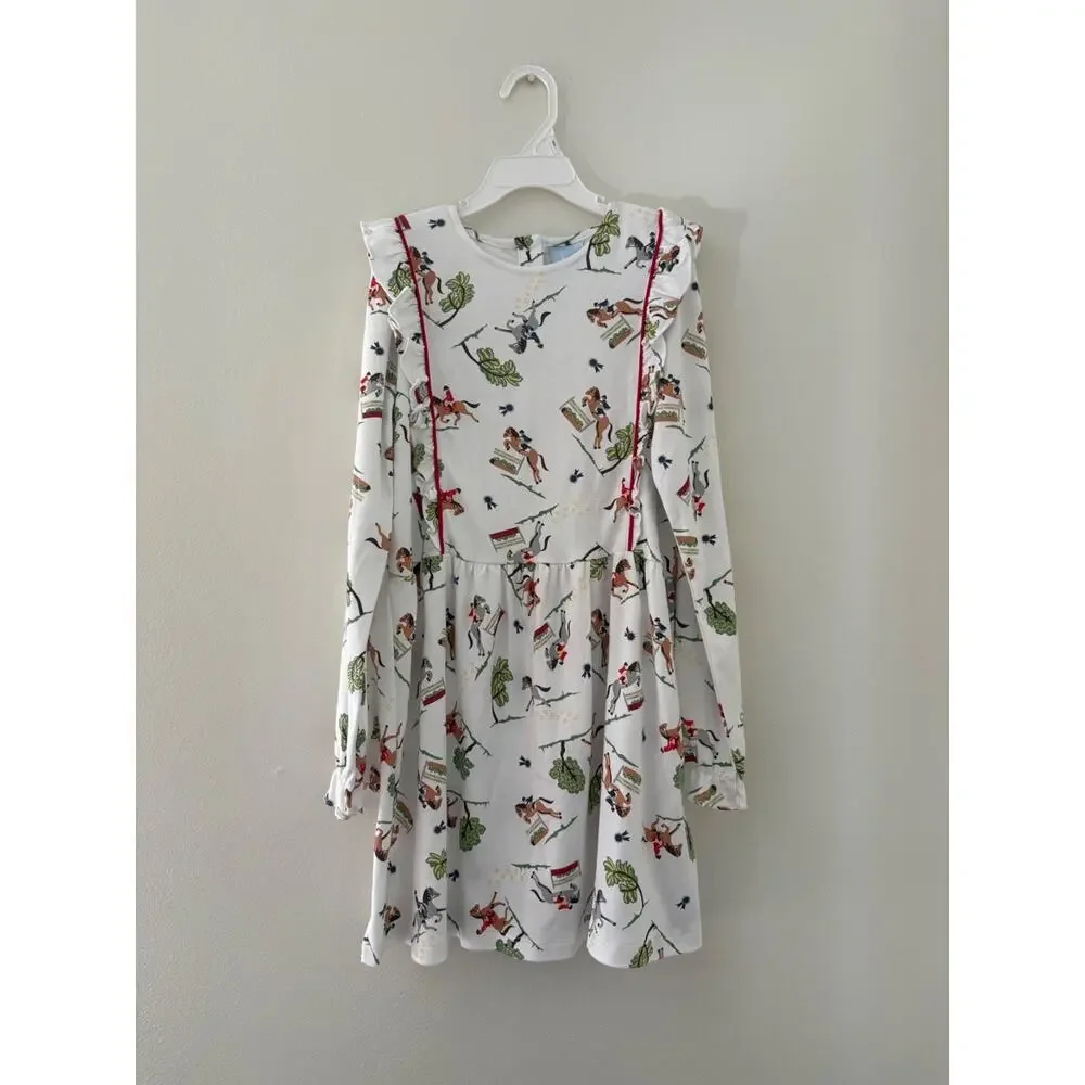 Bella Bliss Girls size 10 cotton long sleeve horse equestrian print dress Ruffle